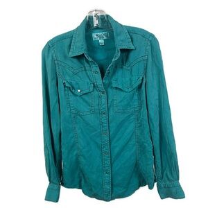 Ryan Michael Vintage Women’s Silk Blend Western Pearl Snap Blue Shirt Size Small